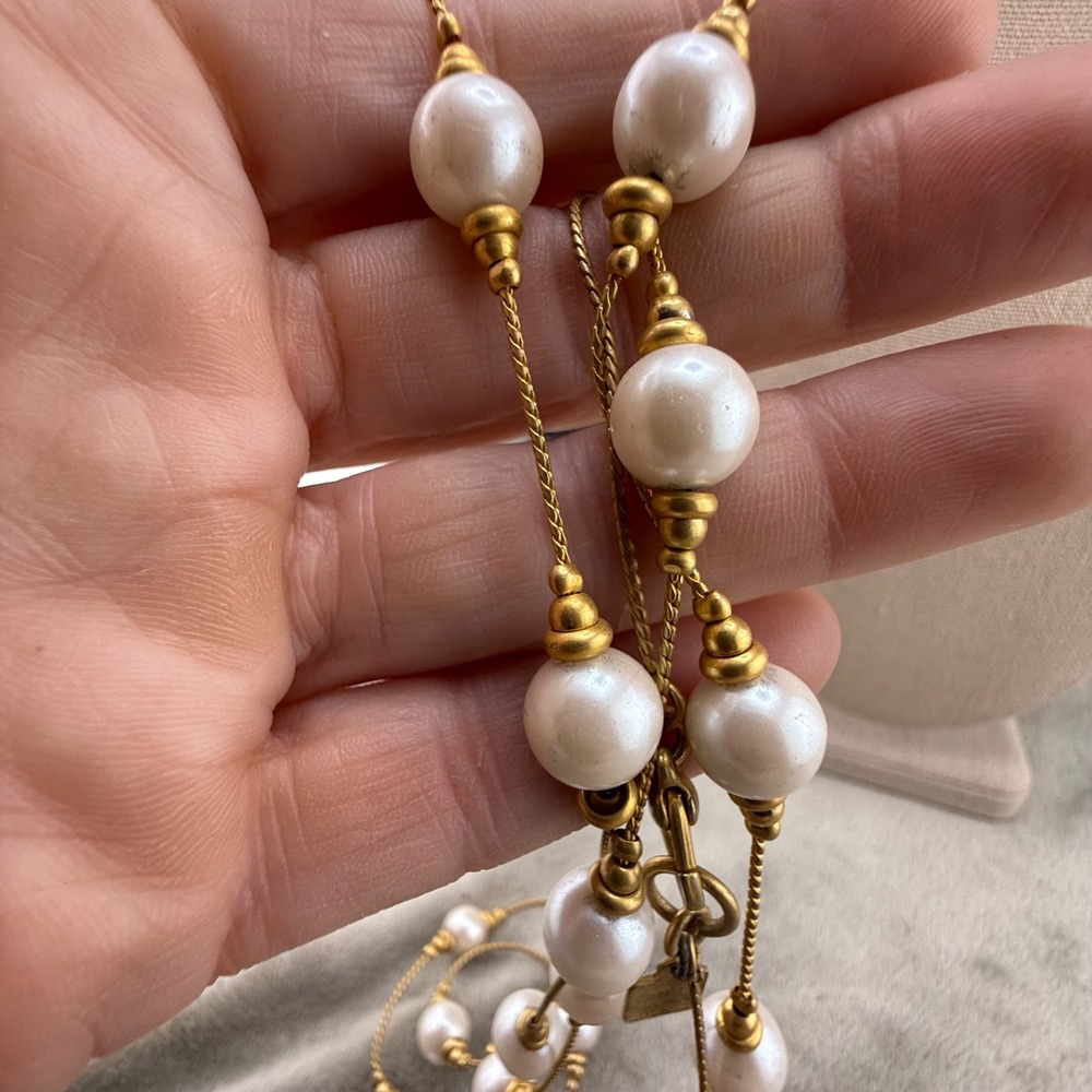 Modern Anne Klein Necklace Faux Pearl Long Beaded Gold Tone Signed Flapper 32" - Picture 5 of 8